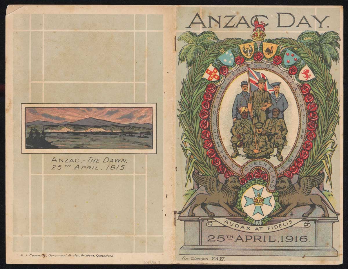 A soft cover booklet titled 'First Anzac Day, 25th April, 1916 for Classes V and VI'. - click to view larger image
