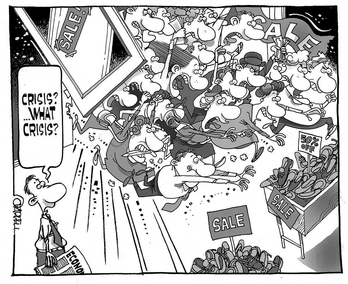 A black and white cartoon depicting a crowd of people bursting through a shop door and reaching out for shoes on tables marked 'Sale' and '50% off'. A man reading the 'Economics' section of the newspaper stands to one side and wonders, 'Crisis? What Crisis?' - click to view larger image