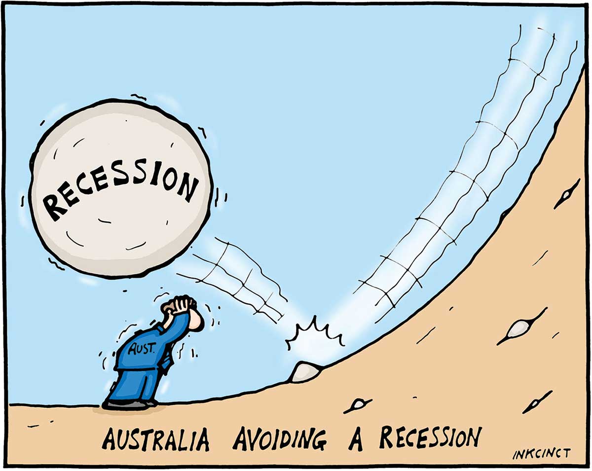 A colour cartoon depicting a man wearing a blue suit, with 'AUST' written on the jacket, ducking with his hands on his head. He has been narrowly missed by a large boulder labelled 'Recession', which bounces over the man when it hits another small rock on a steep downhill slope. - click to view larger image