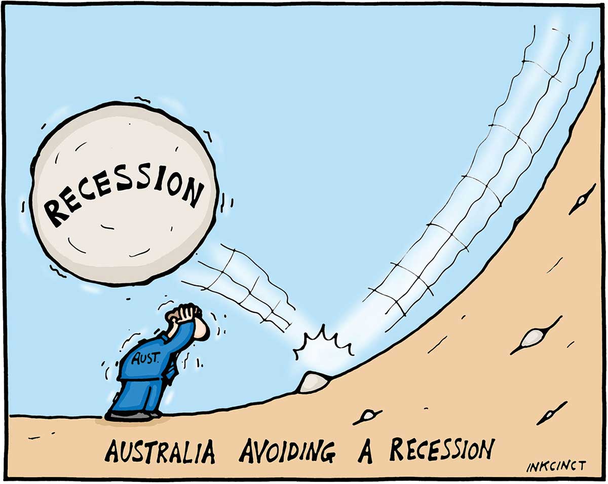 A colour cartoon depicting a man wearing a blue suit, with 'AUST' written on the jacket, ducking with his hands on his head. He has been narrowly missed by a large boulder labelled 'Recession', which bounces over the man when it hits another small rock on a steep downhill slope. - click to view larger image