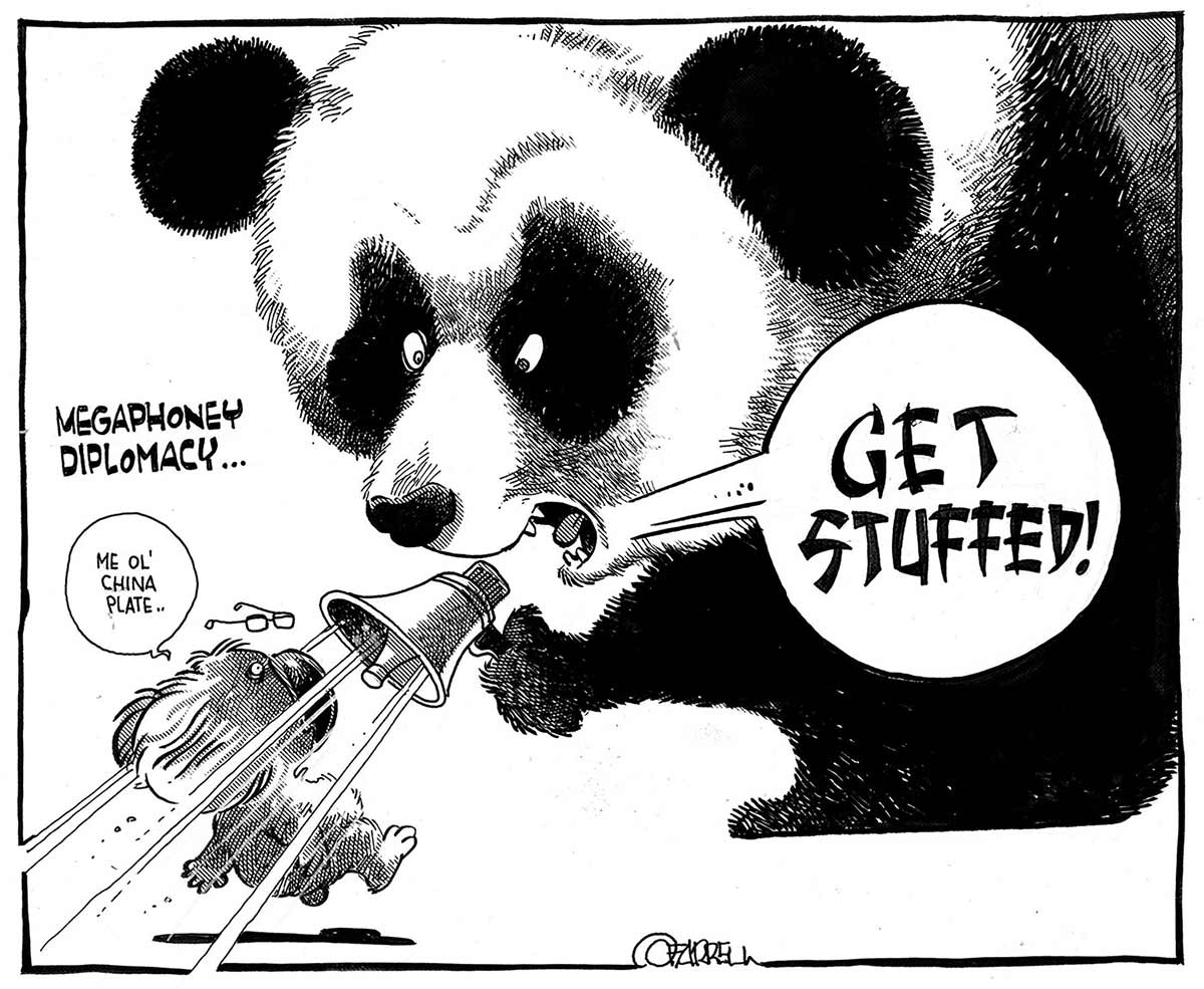 A black and white cartoon depicting a panda bear and a koala. The panda bear is considerably larger than the koala. The koala is facing the panda bear, saying 'Me ol' china plate'. The panda is replying via a megaphone it's holding. A speech balloon near the panda's mouth has the words 'Get Stuffed!' in it. The blast from the megaphone is blowing the koala backwards off its feet. The words 'Megaphoney Diplomacy' are written at the left of the image. - click to view larger image