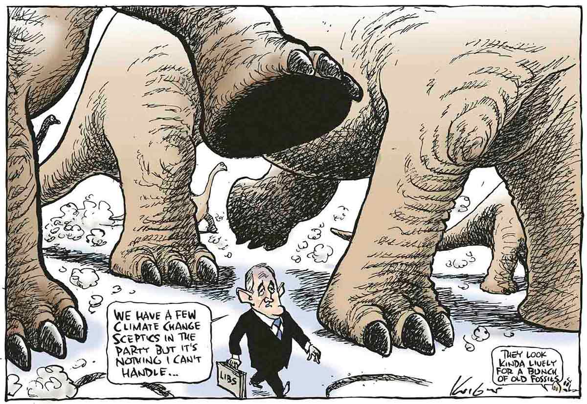 A colour cartoon depicting Malcolm Turnbull, saying 'We have a few climate change sceptics in the party but it's nothing I can't handle,' walks among a herd of large dinosaurs. A small figure at the bottom right says, 'They look kinda lively for a bunch of old fossils'. - click to view larger image