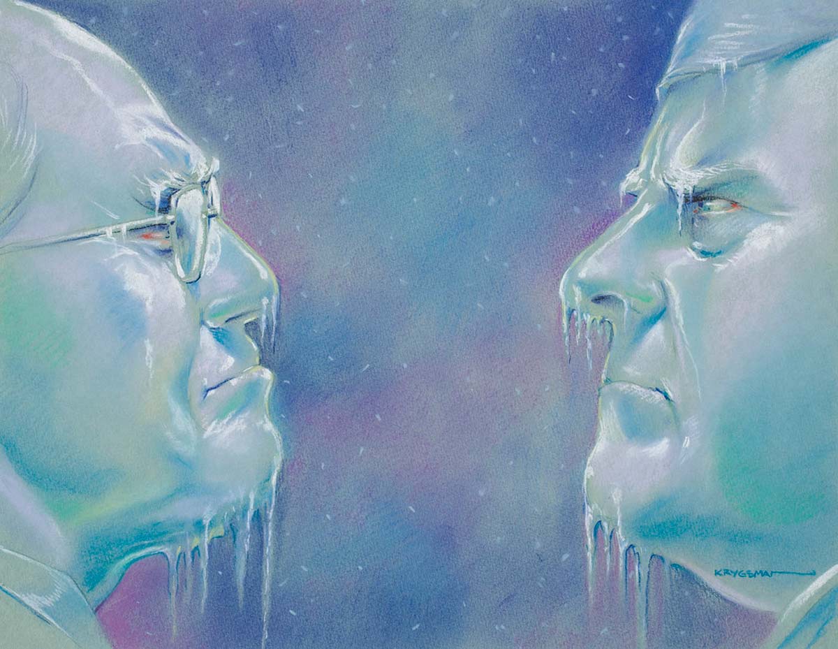 Cartoon showing John Howard and Peter Costello's 'frosty' relationship - icicles are hanging from their faces - click to view larger image