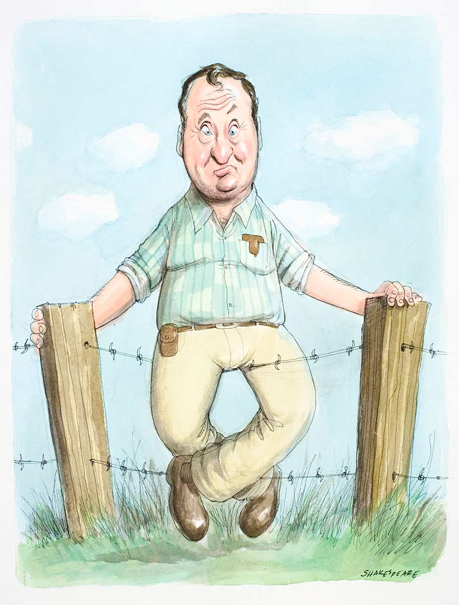 Political cartoon of Senator Barnaby Joyce sitting on a barbed wire fence. - click to view larger image