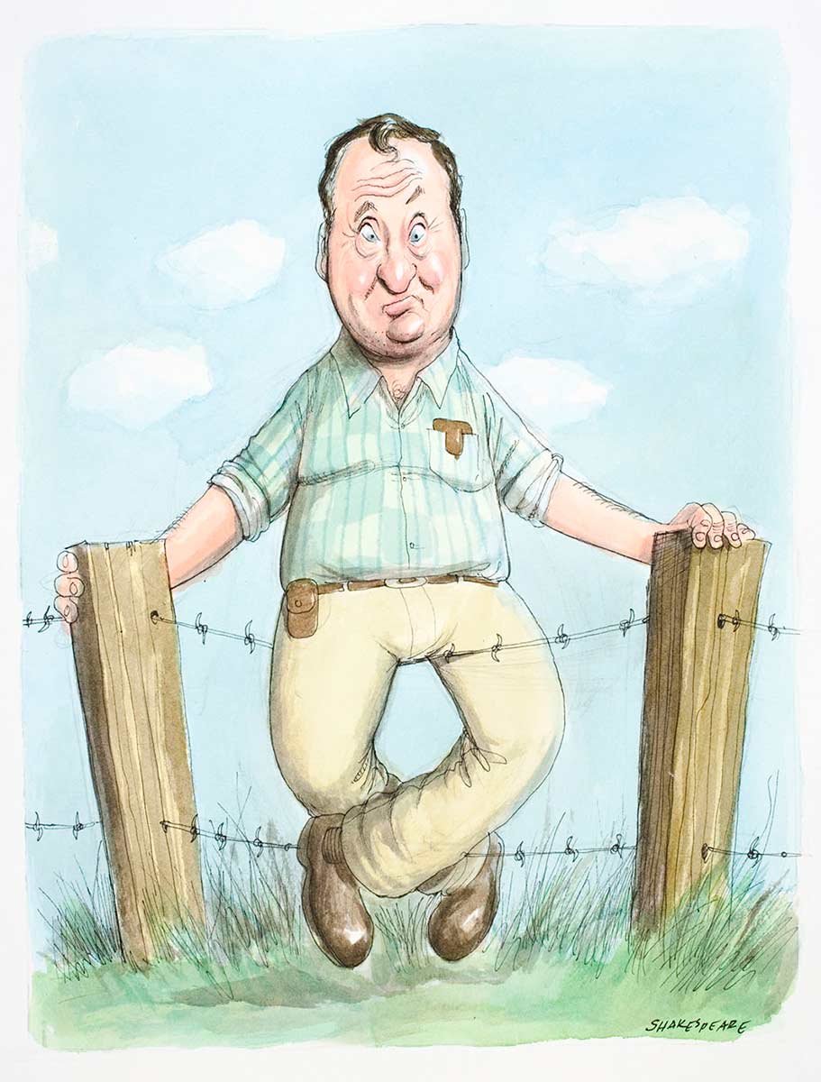 Cartoon of Senator Barnaby Joyce sitting on a barbed wire fence - click to view larger image