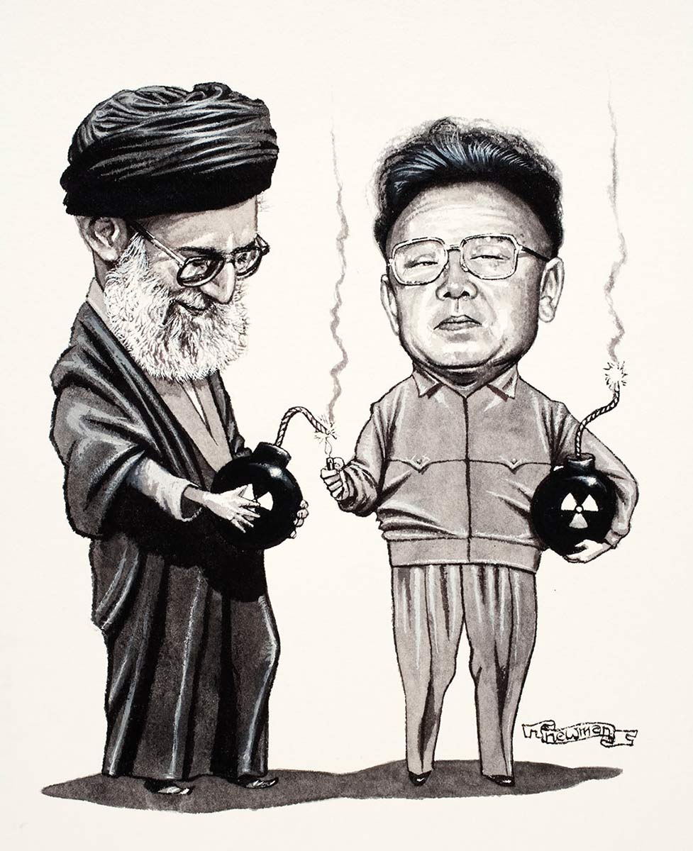 Political cartoon of Iran leader Ali Khamenei and North Korean leader Kim Jong-il holding bombs; Kim Jong-il's bomb is already lit as he lights Ali Khamenei's bomb. - click to view larger image