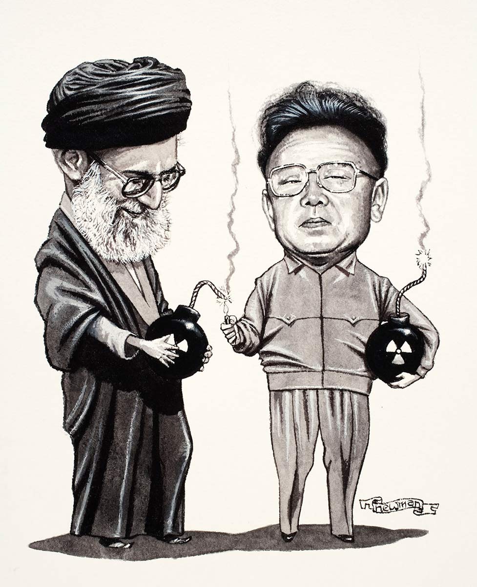 Cartoon of Iran leader Ali Khamenei and North Korean leader Kim Jong-il holding bombs; Kim Jong-il's bomb is already lit as he lights Ali Khamenei's bomb - click to view larger image