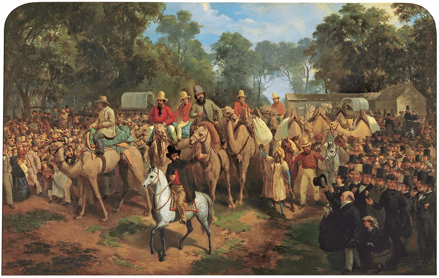 Painting of an large expedition of men on camels surrounded by a crowd of people. - click to view larger image