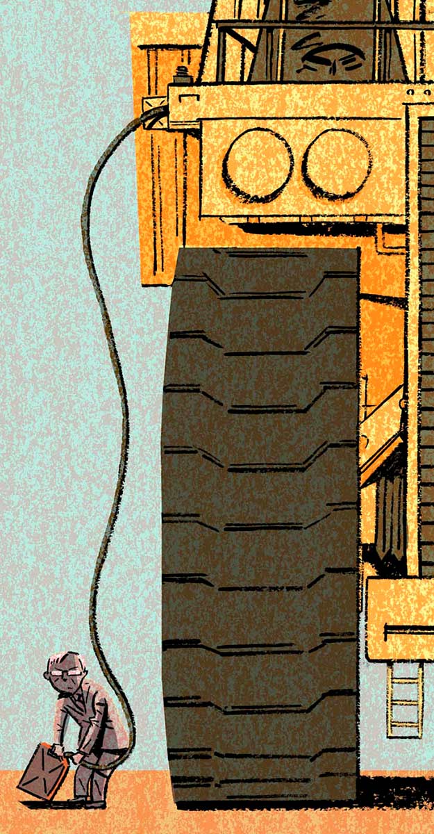 A colour cartoon depicting Kevin Rudd siphoning fuel from the tank of a very large yellow mining truck. The truck towers above him; only its front right wheel and part of its bodywork are visible. He has a metal jerry can, into which runs a long hose. The hose goes up to the truck's fuel tank, high above Rudd's head. His expression is one of furtiveness and annoyance. - click to view larger image