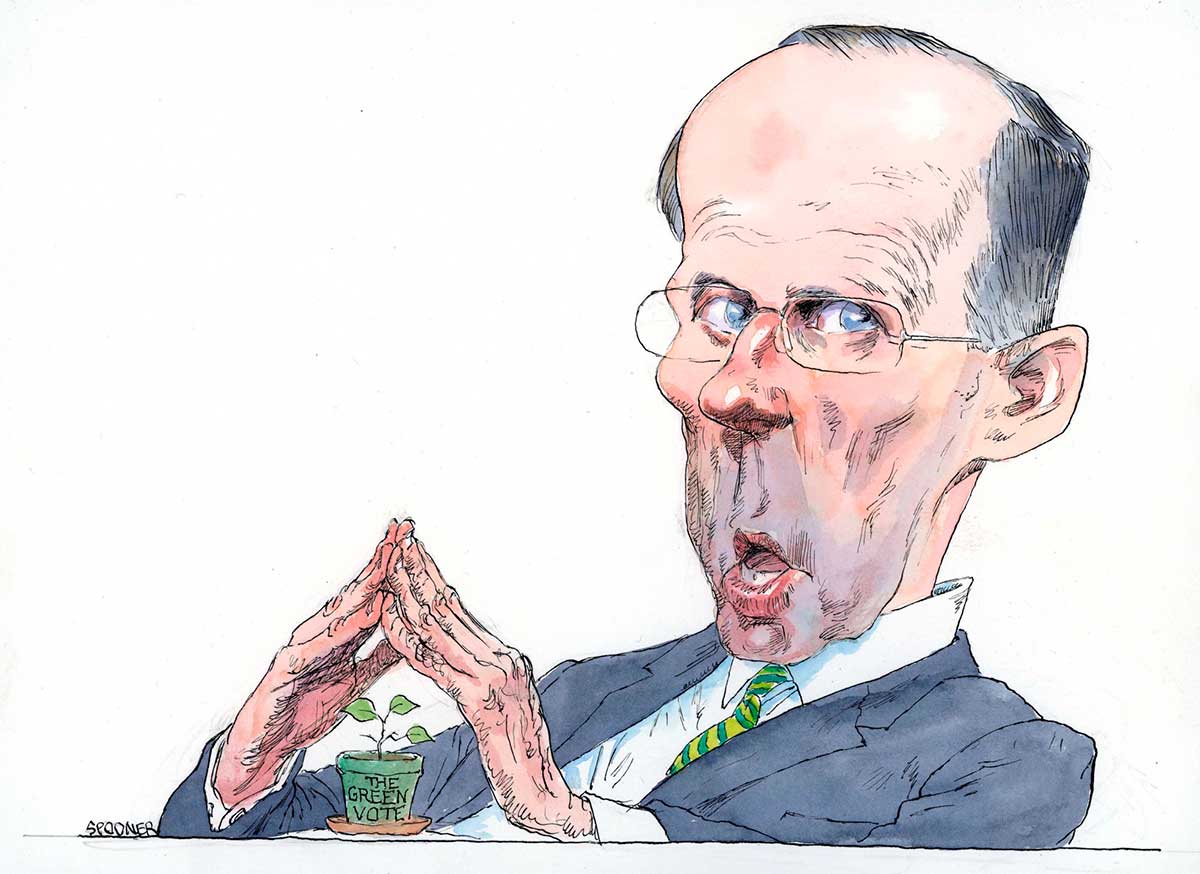 A colour cartoon depicting Bob Brown. He is seen sitting, visible from about the lower chest up. He wears a grey suit and a green and yellow tie. In front of him is a tiny flower pot with a seedling in it. On the pot is written 'The Green Vote'. Brown holds both hands, fingers touching, over the seedling as though he's protecting it. - click to view larger image