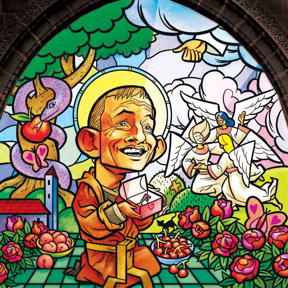 A colour cartoon depicting Tony Abbott as a monk, on a stained glass window. He kneels in the centre of the image, wearing a monk's robe. He holds a small box with a key in it. Around him are flowers, food, angels and a tree with the serpent from the Garden of Eden wrapped around it. In the sky, the hand of God emerges from a cloud, giving the 'thumbs up' sign. Abbott's expression is one of amazement and thanks. - click to view larger image