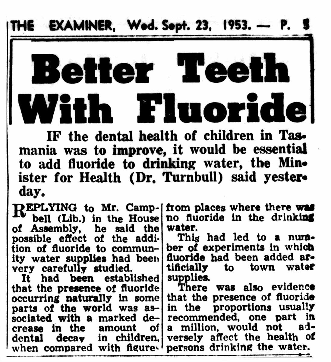 Newspaper article titled: Better Tooth With Fluoride.