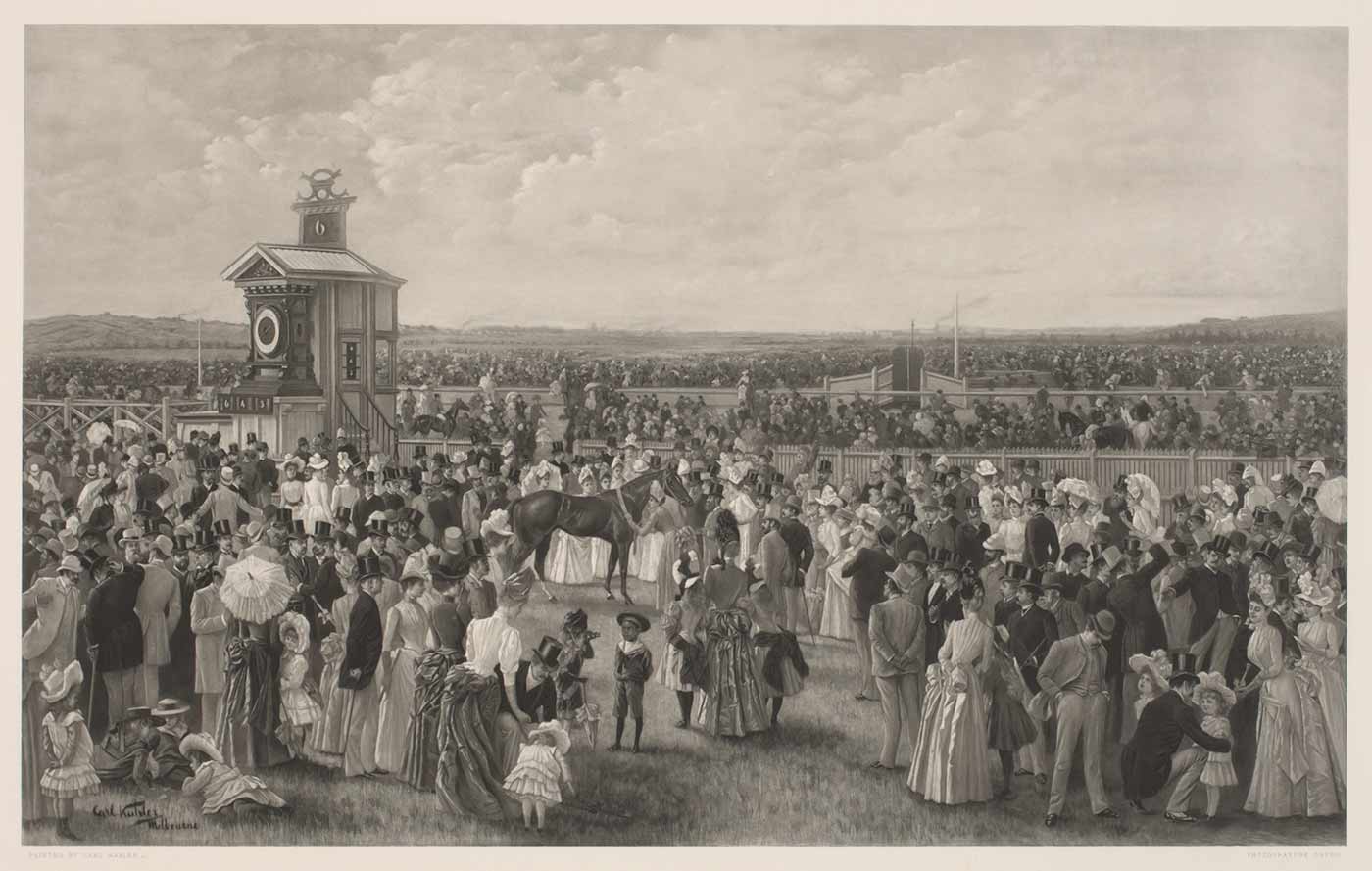Black and white print showing a crowd of people at a horseracing track. Many people face a striking, dark racehorse which is being paraded at centre. The track and finishing post form the backdrop. - click to view larger image