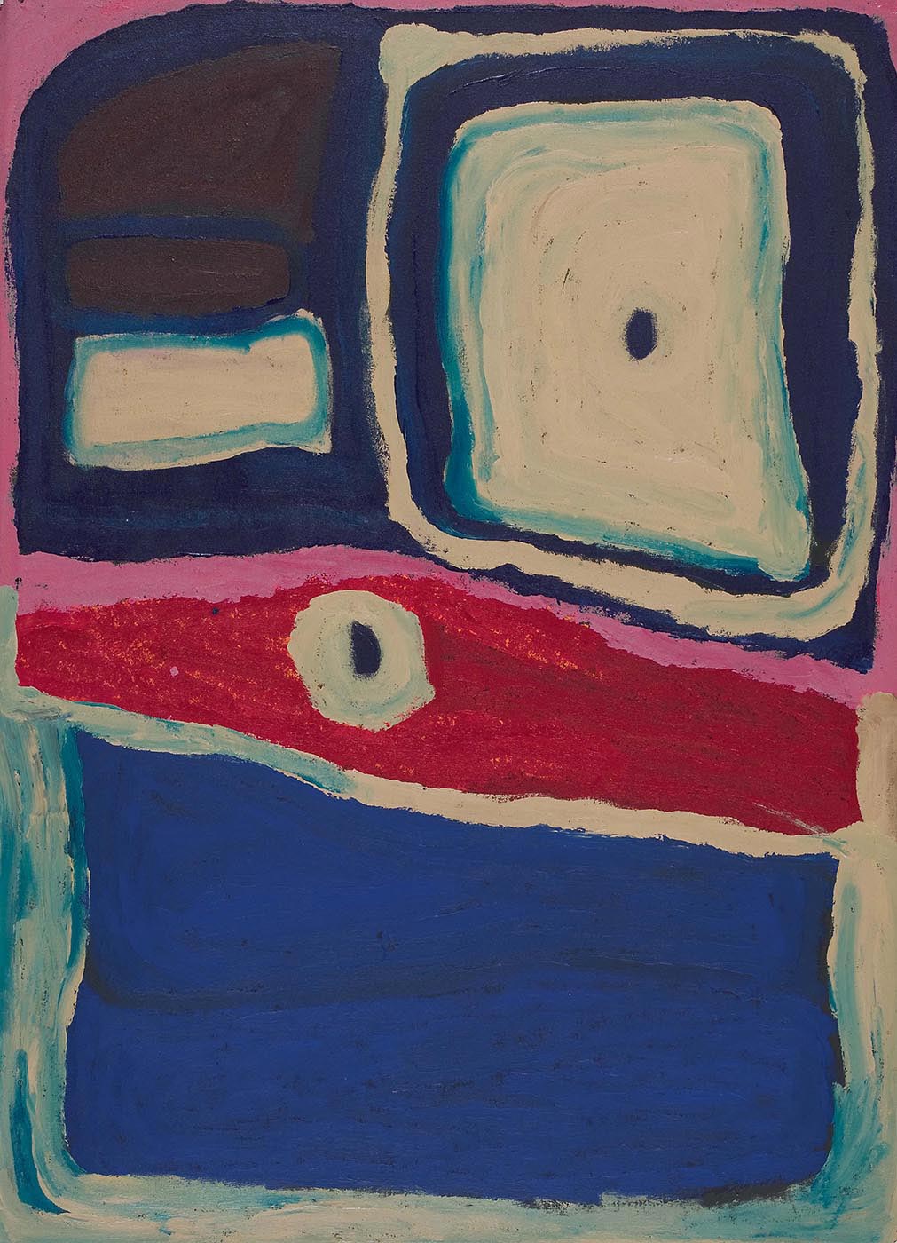 A multi-coloured acrylic painting on canvas with a beige and blue concentric rectangular shape in the top right corner with a small blue disc in the centre. At the top left are two dark blue and off white shapes in a vertical row. All of these are bordered with pink. Beneath that is a horizontal section in red with a disc of beige and black. The lower section of the canvas is filled with dark blue and bordered with a beige-blue colour - click to view larger image