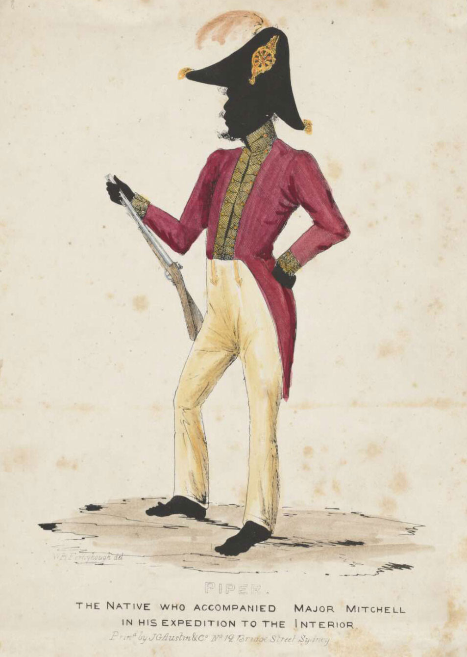 Colour lithograph a man wearing military clothing from the 19th century and posing with a gun. - click to view larger image