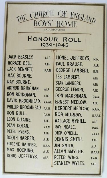 A wooden board painted a cream colour with a gold border. Painted text at the top reads 'THE CHURCH OF ENGLAND / BOYS' HOME / INCORPORATED / HONOUR ROLL / 1939-1945'. Two rows of 18 names are listed on the board. - click to view larger image