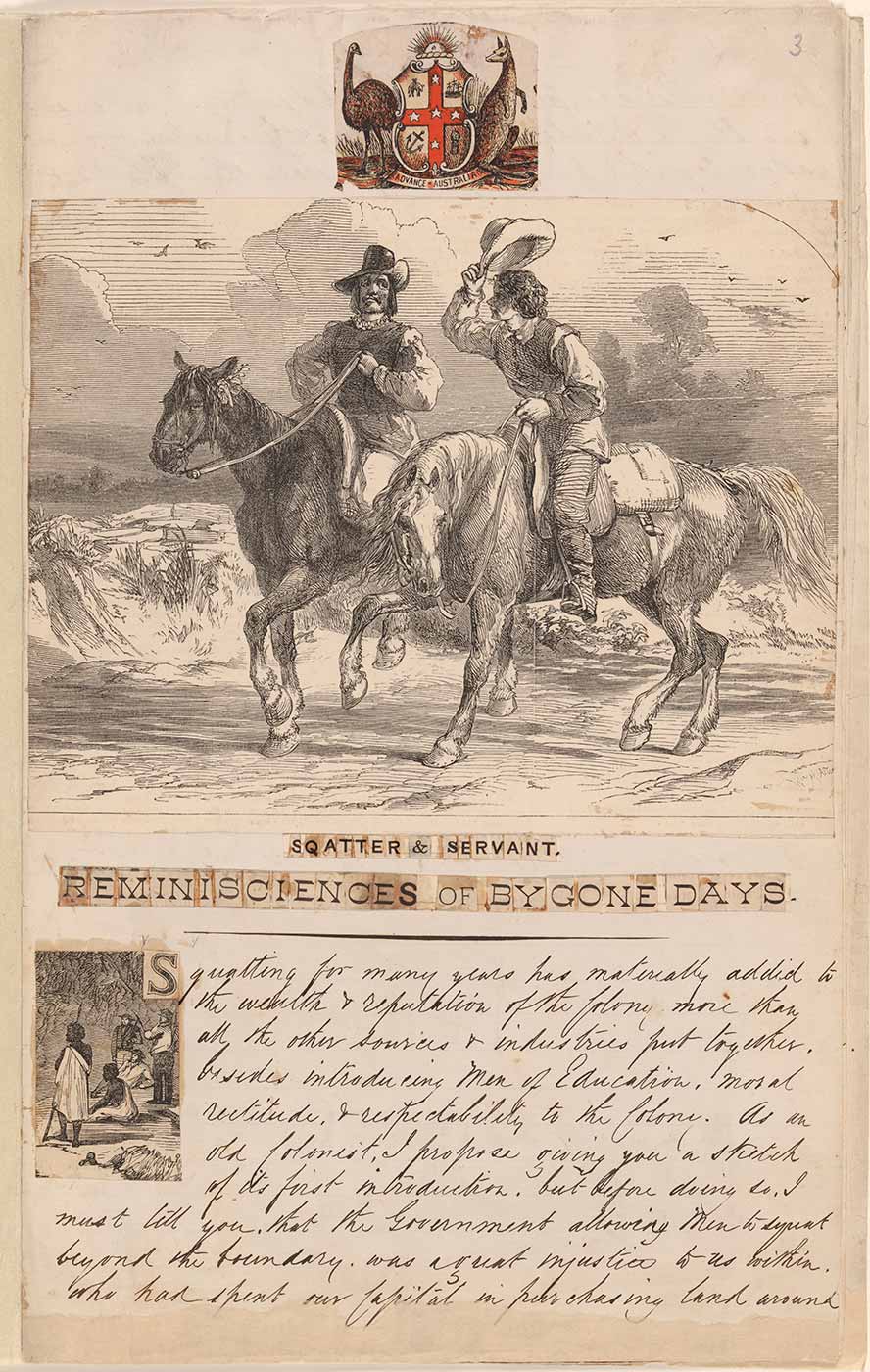 Old page out of a book featuring a coat of arms, an illustration of two men on horses, the title 'SWATTER & SERVANT, REMINISCIENCES OF BYGONE DAYS' and handwritten text with a smaller illustration in line with the text. - click to view larger image