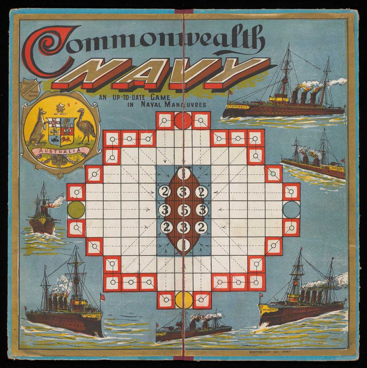 Square game board titled 'Commonwealth Navy', with white game squares at centre. Images of various war ships surround the playing space. - click to view larger image