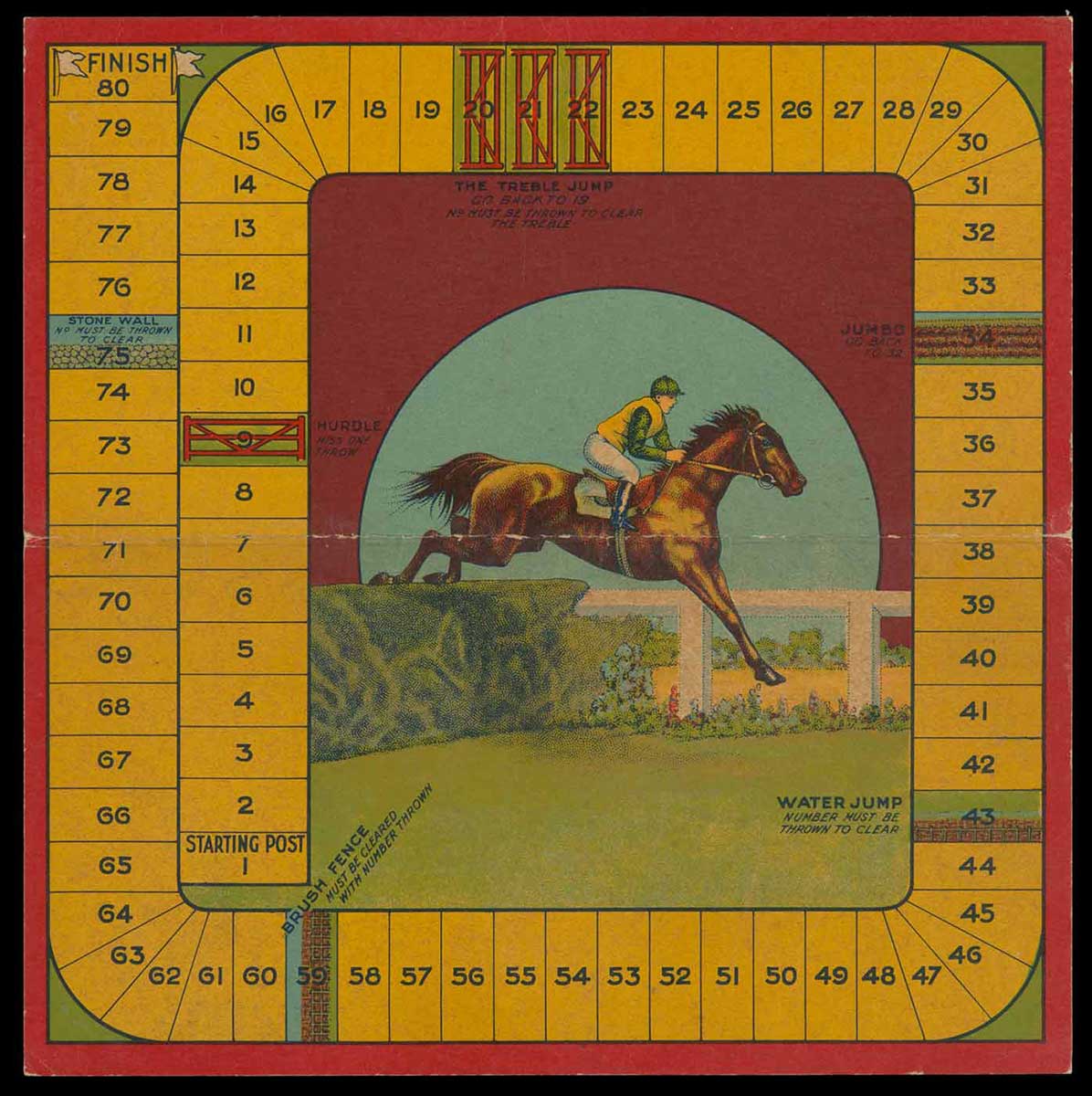 A square-shaped cardboard game board. The surface shows a concentric path of numbered yellow fields, with an illustration of a horse and rider jumping a hedge [from left to right] centre. - click to view larger image