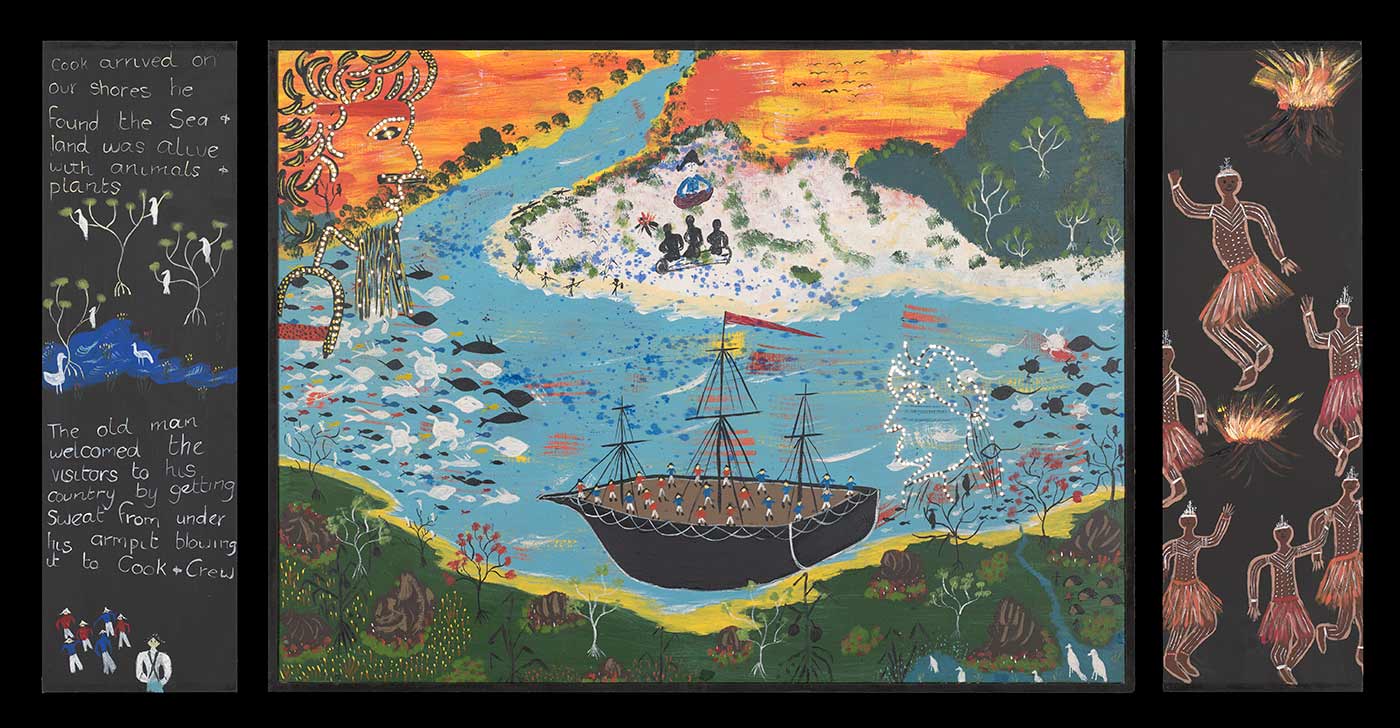 A lightbox made from plywood and medium density fibreboard [MDF] with an acrylic painting on the front featuring a boat on the water. The are black and white sea creatures pictured in the water, three aboriginal people sitting on the beach behind the boat and an orange and yellow sky above. There are two profile views of faces over the top of the scene. Very small holes have been drilled around the outlines of faces.Text on the left side of the box reads 'cook arrived on / our shores he / found the sea + land was alive with animals + plants' - click to view larger image