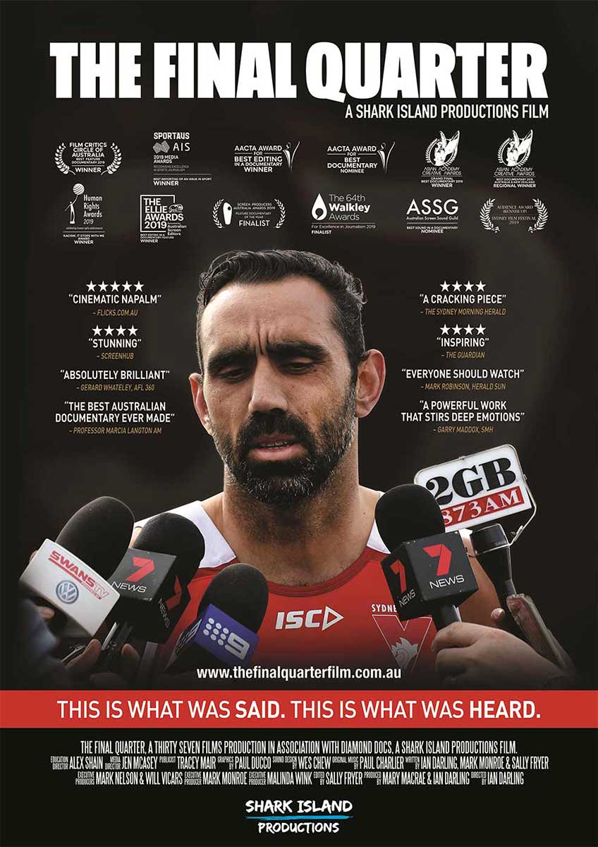 Film poster for The Final Quarter featuring a colour photo of Adam Goodes speaking to the media. - click to view larger image