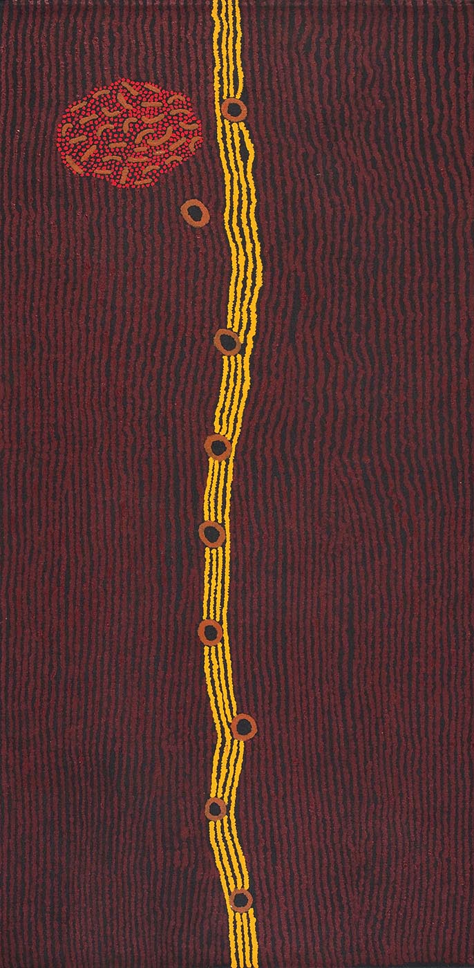 A vertically striped painting on brown linen in black and maroon with four stripes in yellow down the centre. The strip is punctuated by brown and black circles. Top left is an oval filled with small brown boomerang-like shapes and red dots. - click to view larger image