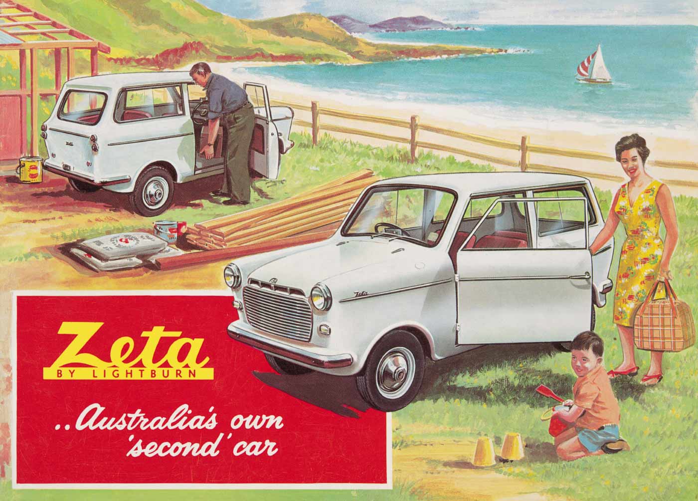 A coloured advertising brochure cover featuring two small grey motor cars, a man, a woman, and a child in a beach setting. - click to view larger image