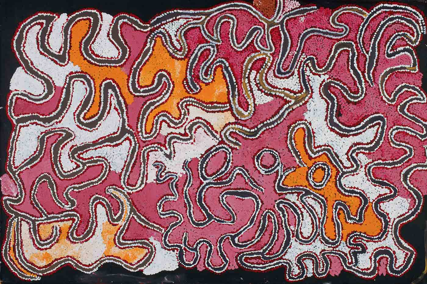 A painting on brown linen of interlocking deeply curved shapes in pink and dark pink dots, with some orange and pale pink dot filled shapes. The shapes are edged with lines of white and red dots and have a narrow line of black between them. There are two orange shapes towards the top centre, an apricot shape in the lower left and an orange shape at the lower right corner. Some of the black lines have an overlay of translucent yellow.