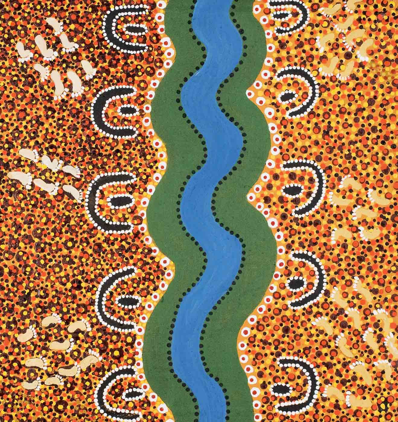A square painting on brown linen with a yellow orange background and a wavy blue line flanked by a row of black dots then a thick green line in the centre. The yellow background is covered in yellow, orange, maroon and black dots, and has beige and white footprints in groups on both sides of the central feature. There are also semicircles in black edged with white dots, with an oval, similarly decorated, inside each one, on both sides of the central feature. - click to view larger image