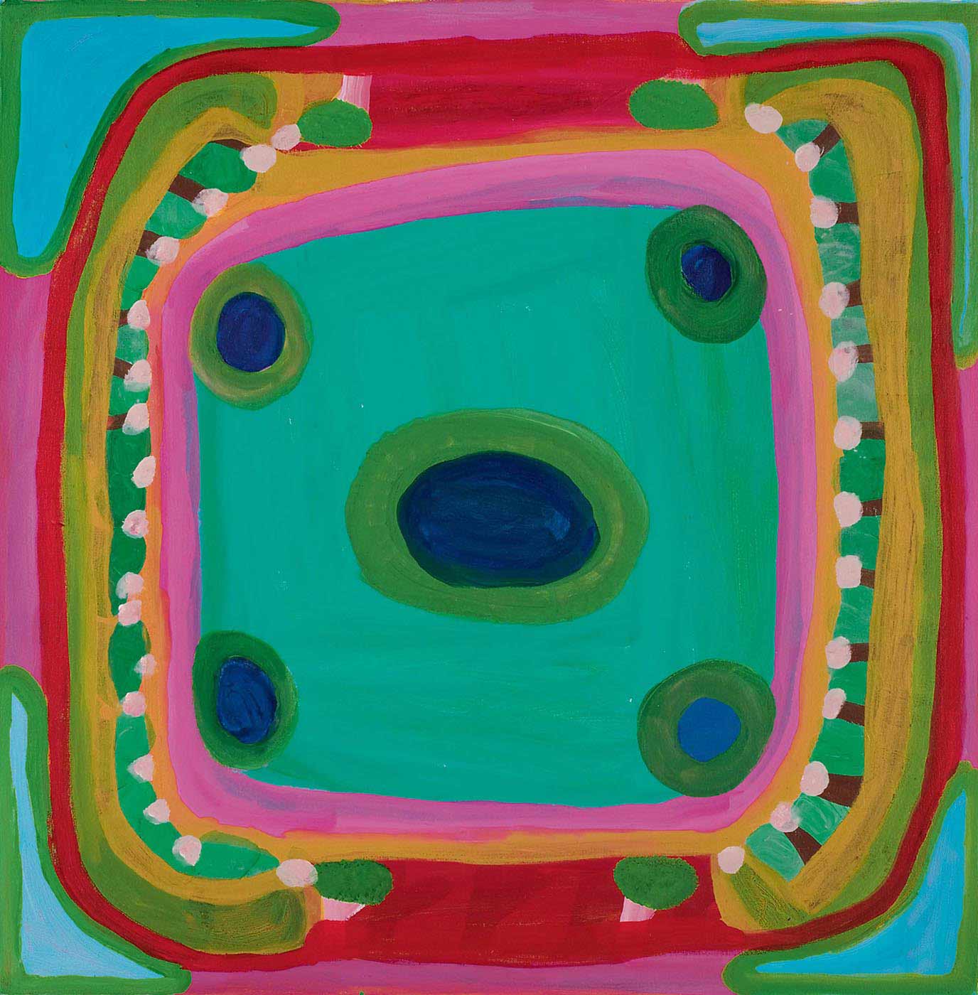 A multicoloured square painting on canvas with a dark blue oval inside a green border in the centre and four dark blue circles with green borders evenly spaced around it, on an aqua background. The centre is surrounded by borders in pink, orange, green, red and pale blue, with a row of brown and pink motifs running down both sides. The corners have a roughly triangular shape in light blue with a lime green border. - click to view larger image