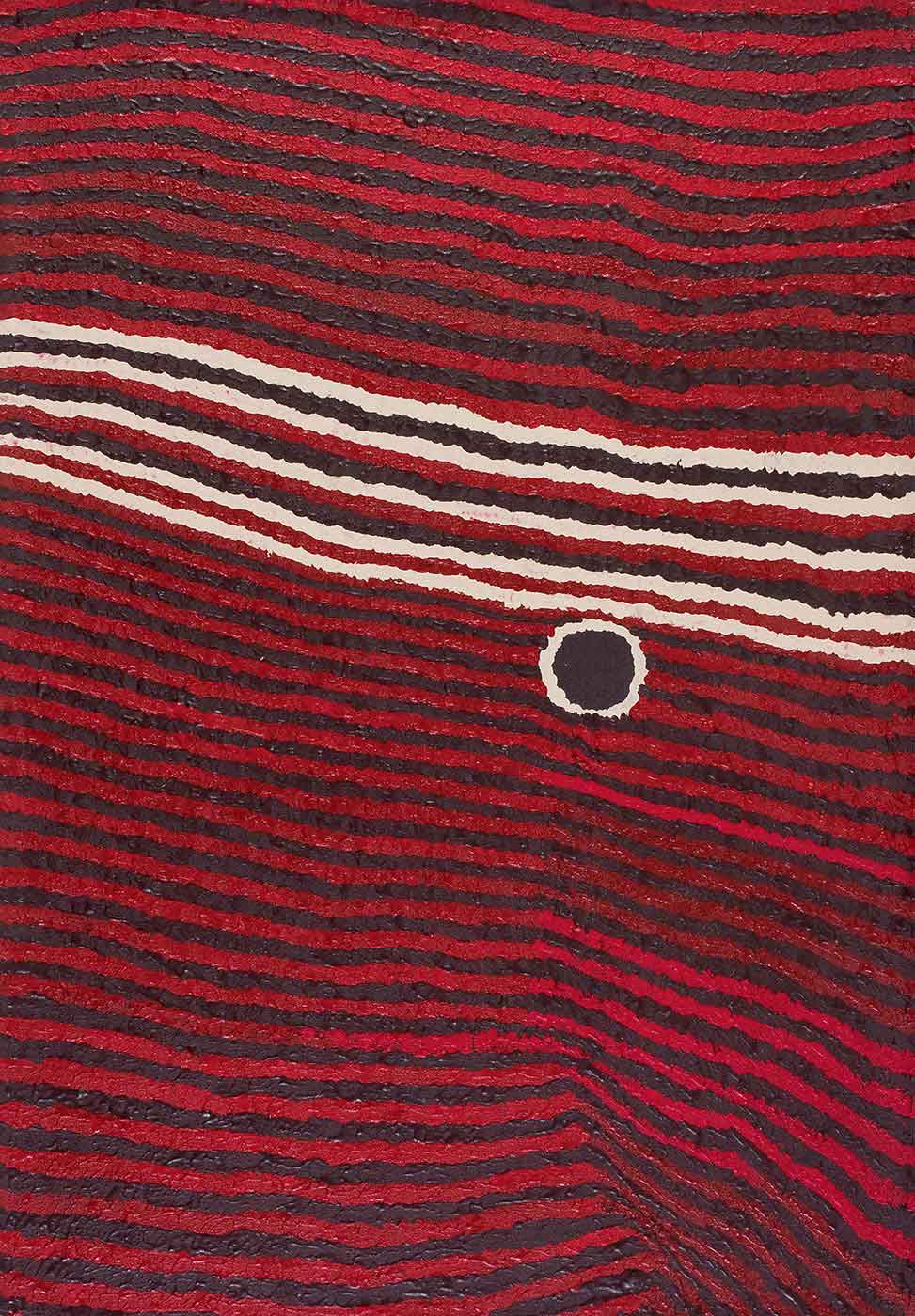 A red and black horizontal striped painting on linen with a red, cream and black horizontal striped section across the centre. Beneath the cream stripes there is a black disc with a cream edge. The stripes start to veer downwards to the right underneath the disc.  - click to view larger image