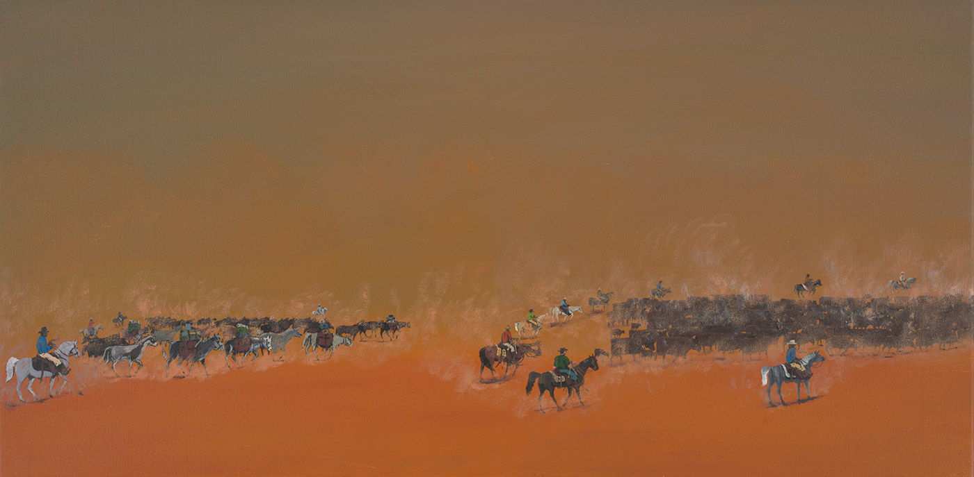 A painting on canvas stretched on wood featuring a herd of cattle with several men on horse back around the cattle. There is a group of pack mules behind the cattle and there are also men on horse back riding near them. The ground is orange and the sky is also an orange, brown and blue colour. There is dust coming from the feet of all the animals. - click to view larger image