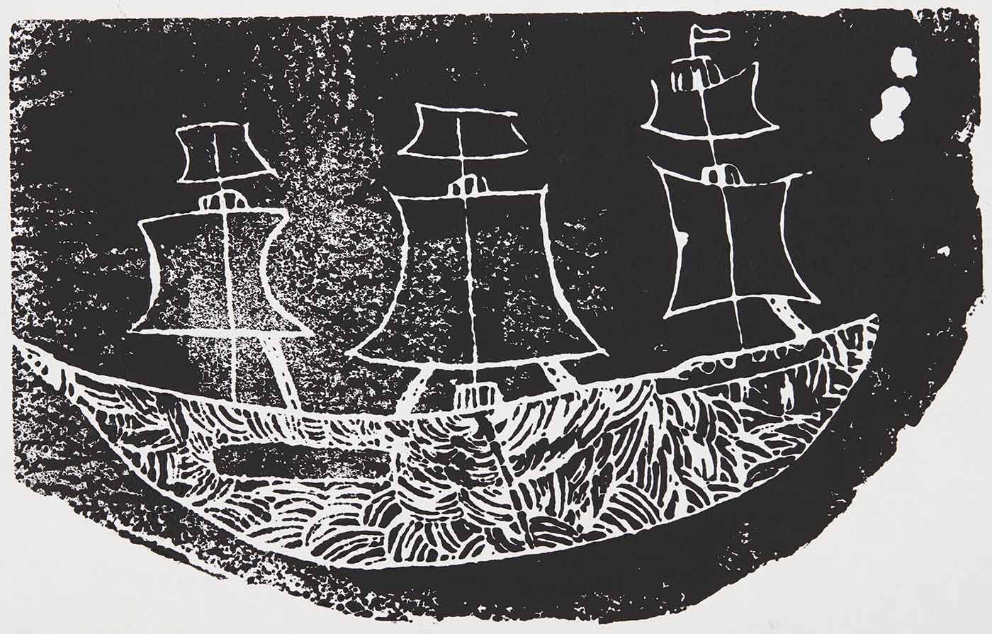 A black print on white cardboard featuring a ship with curve concentric patterns across the hull of the ship. The print is signed and titled 'Tara Green / Coolamon Endeavour'. - click to view larger image