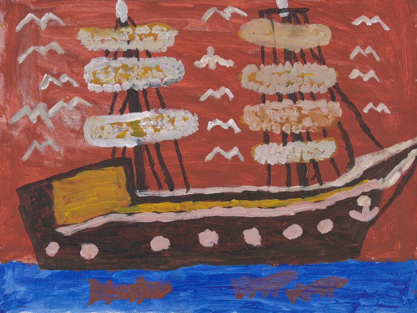 A painting on canvas board. It depicts a large brown ship with two masts on blue water with three fish in the water. There is a brown sky with 15 birds flying around the masts of the ship. - click to view larger image