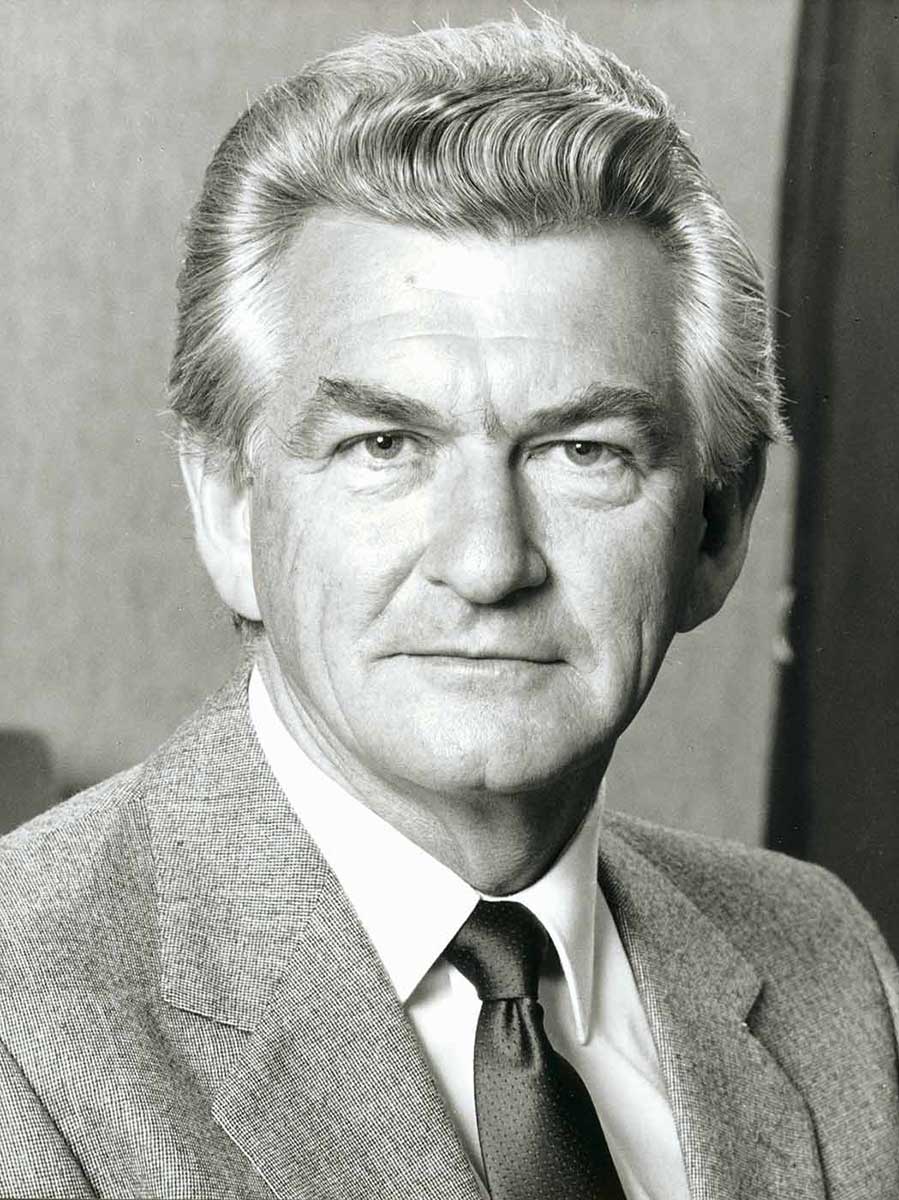 Black and white portrait photo of Bob Hawke. - click to view larger image