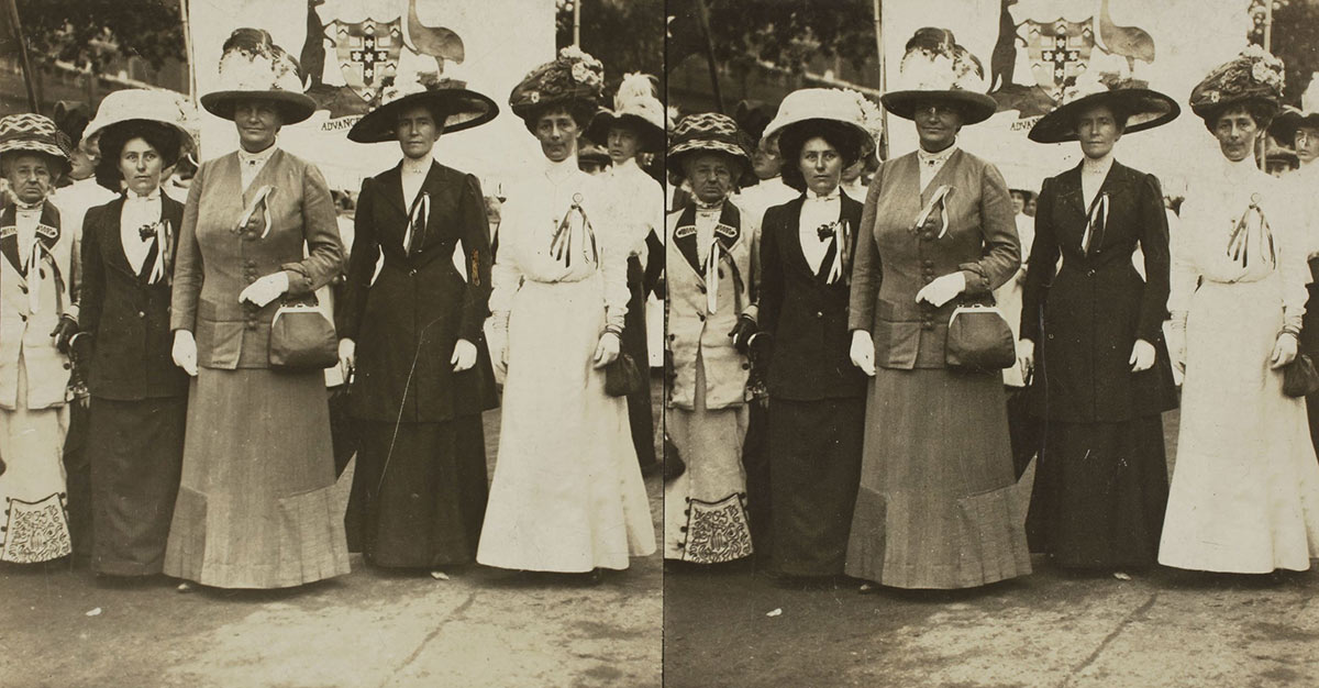 Two versions of the same black and white photograph featuring a group of women wearing early 20th century clothing.