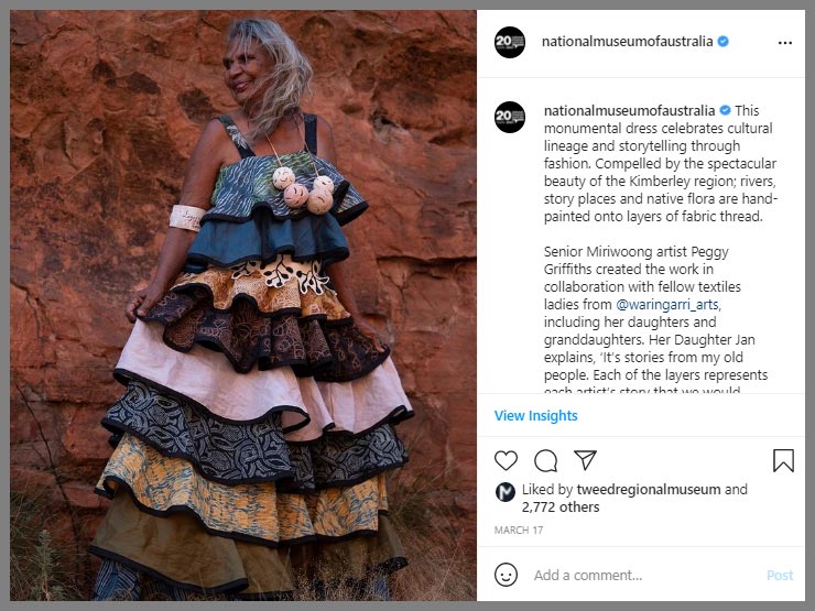 Screenshot of an Instagram post for the National Museum of Australia. The post features a promotional colour photograph of a woman wearing a designer dress featuring layered ruffles printed with various designs. - click to view larger image