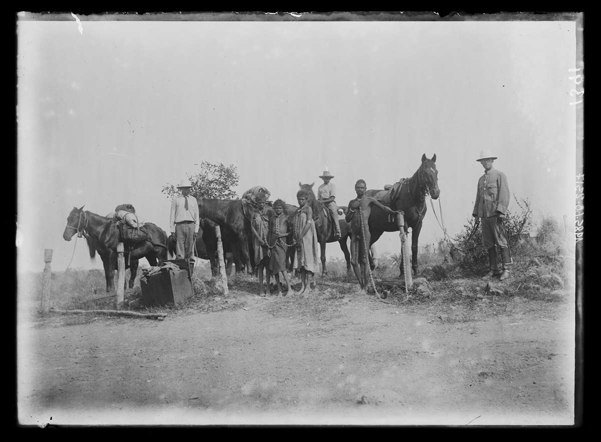 Four Aboriginal people and three non-Aboriginal men with horses, Northern Territory 1905 or 1911. Two of the non-Aboriginal men stand at the left and right of the horses. The third sits on a horse at the rear. Three Aboriginal women chained together stand in front of the horses; a Aboriginal man with a neck band and long chain stands to the right of them. - click to view larger image