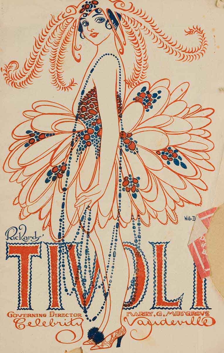 A pamphlet with a buff coloured cover featuring a line drawing in blue and red of a woman wearing a feathered hat, an elaborate skirt, and red shoes with blue heels and pompoms. The text, in red and blue reads: 'Rickards' TIVOLI'. - click to view larger image