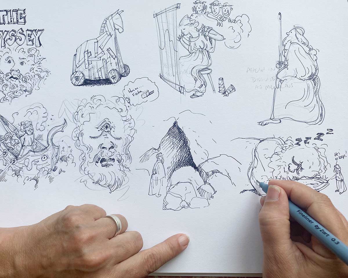 A hand drawing a cartoon featuring various figures and scenes relating to Ancient Greece.