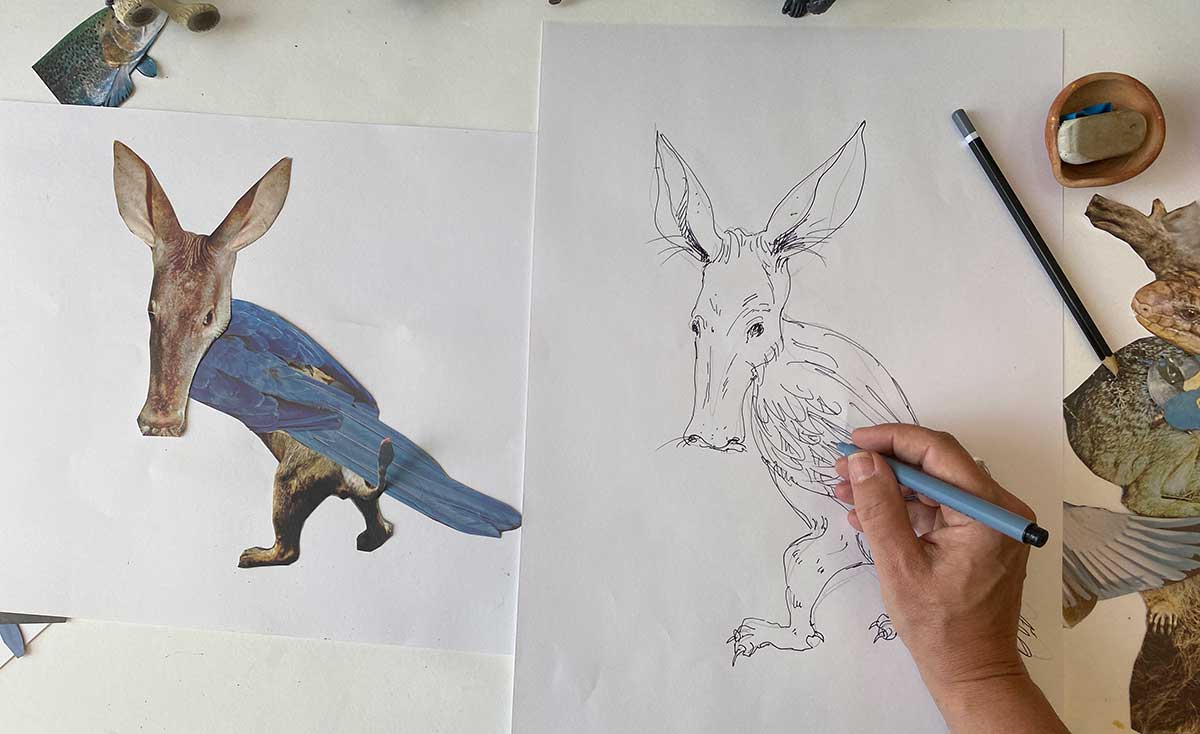 Collage of a mythical beast featuring various animal parts, alongside a hand sketching the collage.