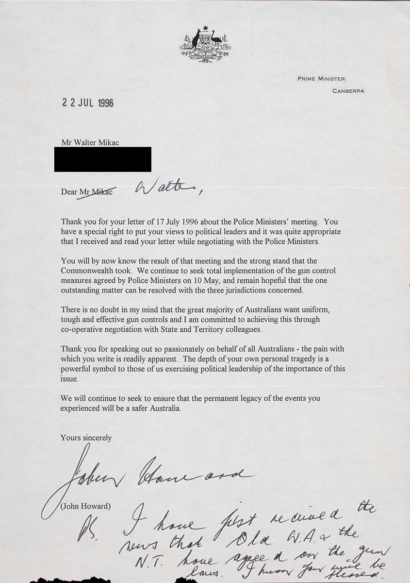 Typed letter on Australian Government stationery. Includes handwritten text at the bottom of the page. - click to view larger image