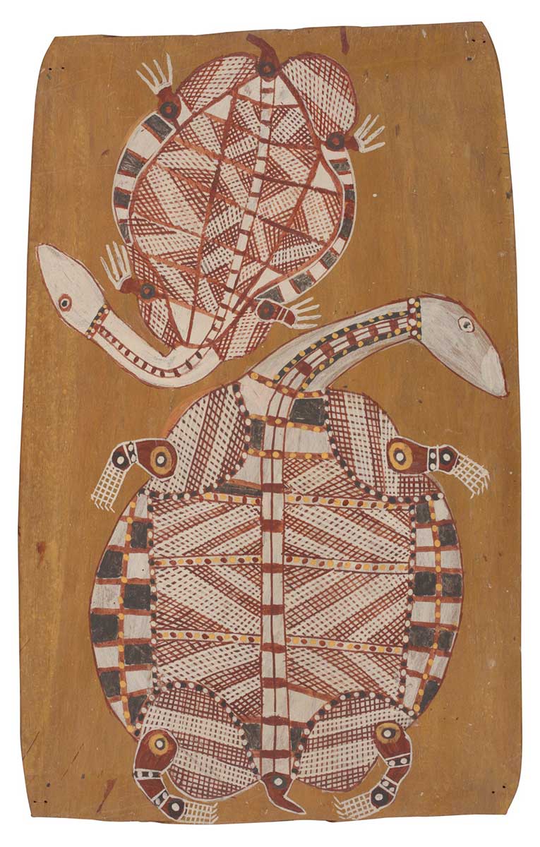 A bark painting worked with ochres on bark. It depicts two large turtles painted with white heads and crosshatched bodies. The larger turtle is facing to the right while the smaller inverted turtle faces left. The painting has a yellow background. - click to view larger image
