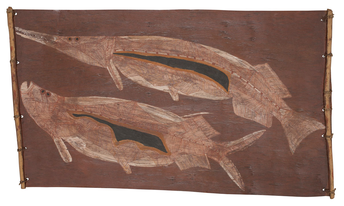 A bark painting worked with ochres on bark and on wooden restrainers. It depicts two fish outlined in pipeclay with internal detail added in red and yellow ochre and charcoal. The painting has a red background. - click to view larger image