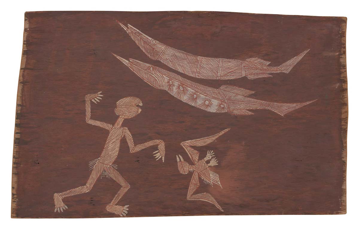 A bark painting worked with ochres on bark. It depicts a Mimi spirit, two fish and a bird in flight all painted with crosshatching designs. The painting has a red background. - click to view larger image