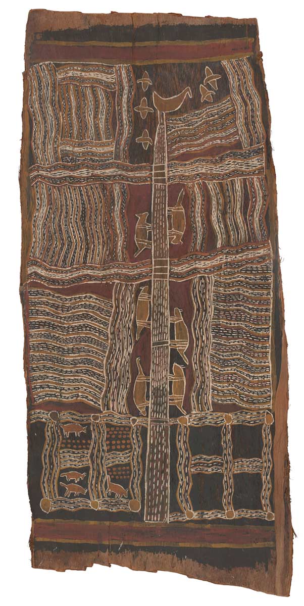 A bark painting worked with ochres on bark. It depicts a tall tree down the centre of the painting at the top of which is a bird surrounded by flying insects. The tree features extended branches of dashed wavy lines which in turn form horizontal panel sections across the painting. There are three possums climbing on each side of the tree trunk. At the base of the tree there are two quartered square sections with the one on the left containing four smaller possums.The painting has a black and red background. - click to view larger image