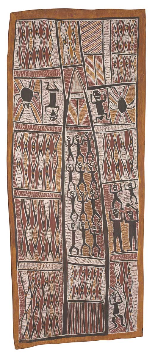 A bark painting worked with ochres on bark. It depicts a central pointed shape which contains twelve dancing figures. To the right of this there is a further panel with four dancing figures with another figure in the panel below this. To the left of the main panel there are three panels filled with red, yellow and white diamond shapes. Towards the top there are two further panels one on the left and one on the right each depicting a small figure and a spider. - click to view larger image