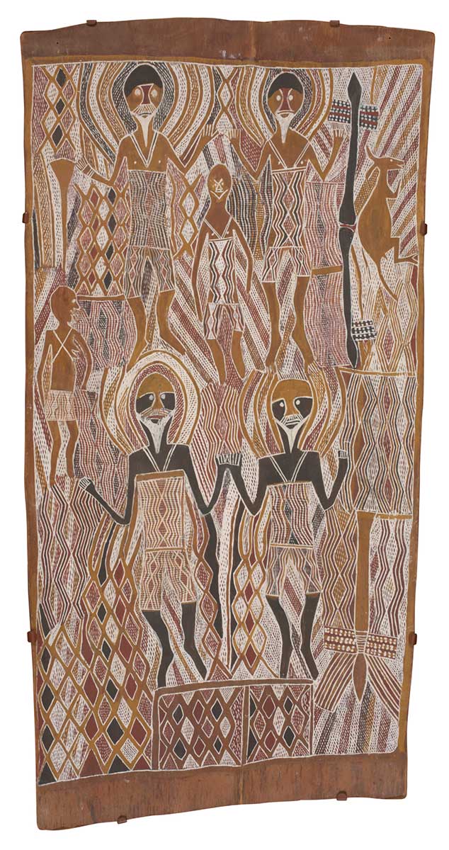 A bark painting worked with ochres on bark. It depicts four male figures each painted with different body designs. At the foot of the painting is a rectangle of diamond shapes with similar patterns in the rest of the painting.There is a smaller male figure on the left and in the centre a female figure. There is an upside-down palm tree at the lower right and a wallaby at the top right. - click to view larger image