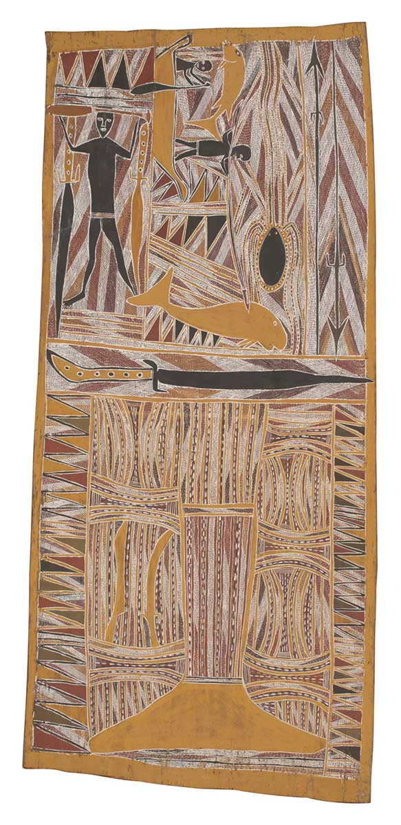 A bark painting worked with ochres on bark. It is divided into two main panels by a central band depicting a knife with a long black blade. The upper panel depicts a man holding a paddle over his head and two further men in a boat spearing a yellow whale. To the right is an octopus-like creature. The lower panel contains a pattern of curved vertical and horizontal shapes with a large fin-like yellow shape beneath them. - click to view larger image