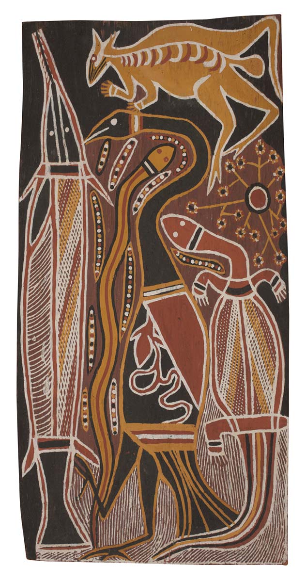 A bark painting worked with ochres on bark. It depicts from left to right a pike, a file snake, a diver duck and a water goanna. At the top of the painting there is a kangaroo. The painting has a black background. - click to view larger image
